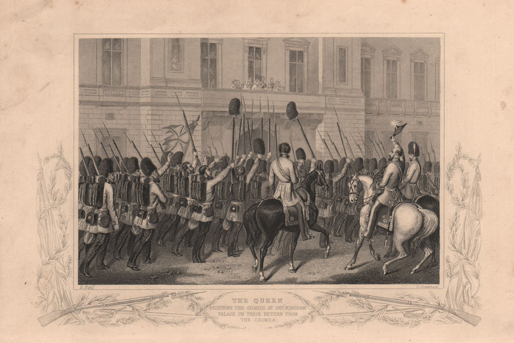 CRIMEAN WAR. Queen Victoria receiving the guards at Buckingham Palace 1860